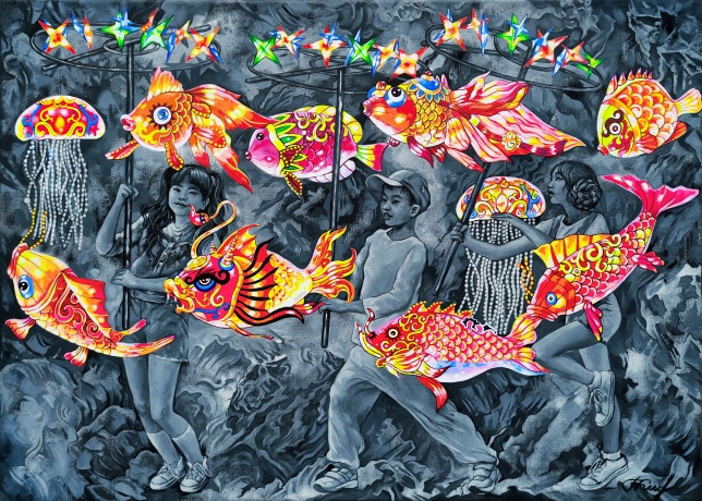 Painting for sale online - Chinese lanterns Little fishers