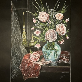 Painting for sale online - Night, Flowers by the Window