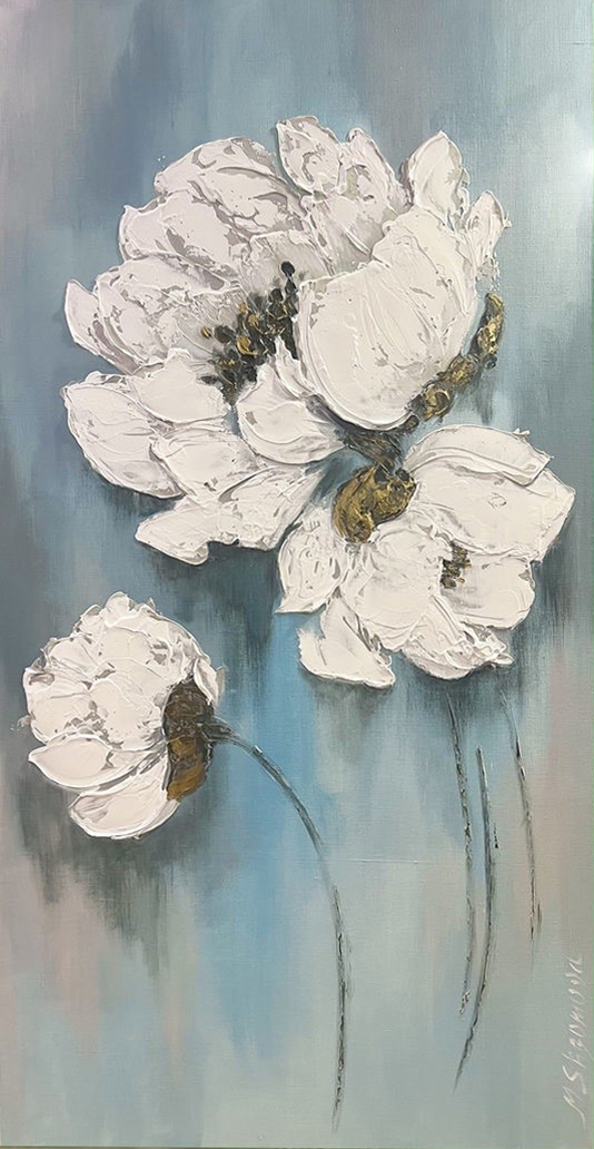 Painting for sale online - White textured flowers with gold