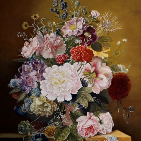 Painting for sale online - Still life with summer flowers in an urn on a marble ledge