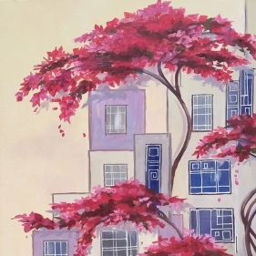 Painting for sale online - Bright Bougainvillea in a Grey City  