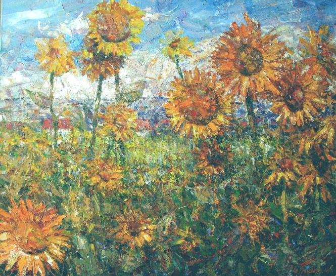 Painting for sale online - Sunflowers near Alps mountains.