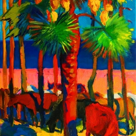 Painting for sale online - Red cow under a palm tree