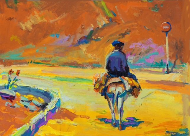 Painting for sale online - Sunny day, pilgrim on a donkey