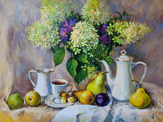 Painting for sale online - Still life with coffee and hydrangeas