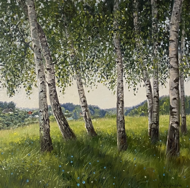 Painting for sale online - Birches near the village