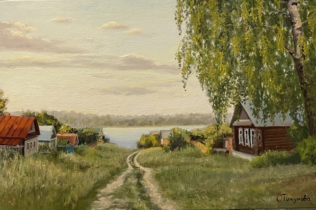 Painting for sale online - A village on the river bank