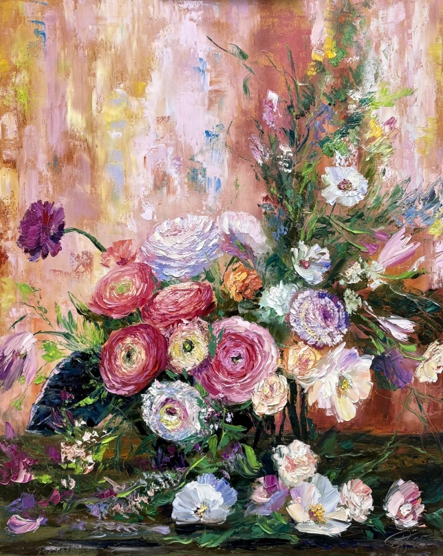 Painting for sale online - Bouquet with ranunculus and cosmos