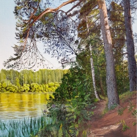 Painting for sale online - Pine trees on the lake shore