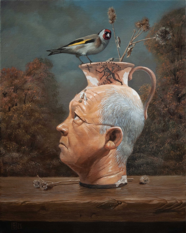 Painting for sale online - Self-portrait as a rhyton and goldfinch 2