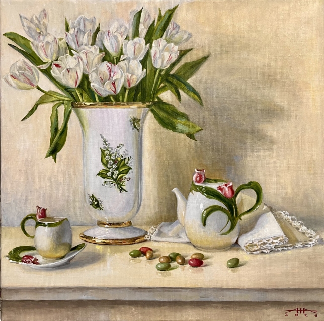Painting for sale online - Still life with white tulips