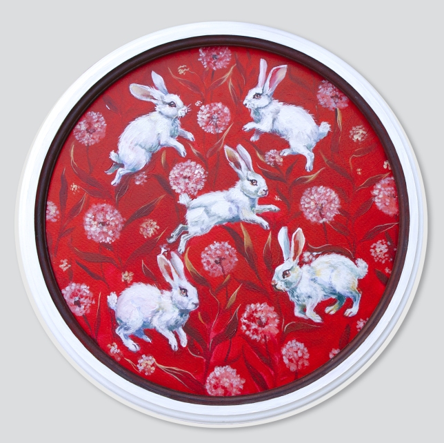 Painting for sale online - White rabbits on a red background