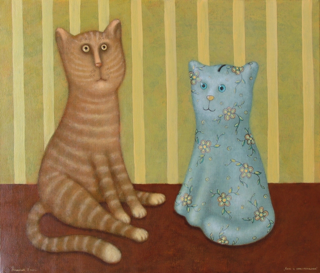 Painting for sale online - Cat and cat piggy bank