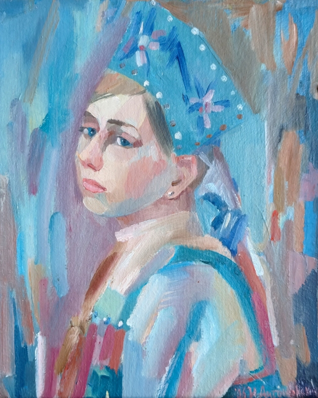 Painting for sale online - The girl in the blue cocoanut
