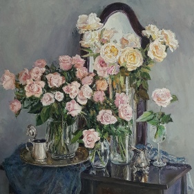 Painting for sale online - Bouguets of roses and a vetical mirror