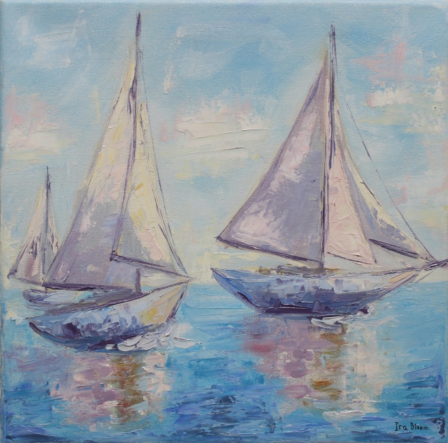 Painting for sale online - Sailboat Seascape Painting – Pastel Ocean Boats in Impressionist Coastal Wall Art