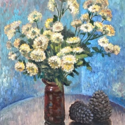 Painting for sale online - Still life with chrysanthemums and cedar cones