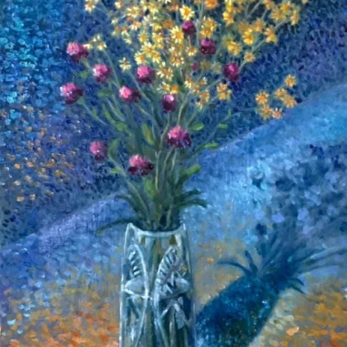 Painting for sale online - Yellow flowers on blue