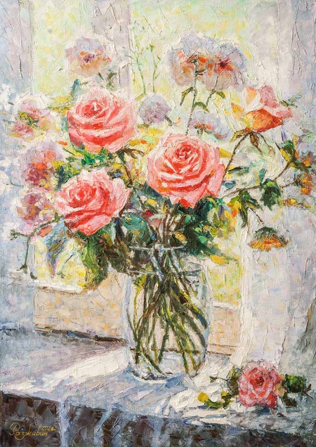 Painting for sale online - Sun glare on roses