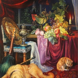 Painting for sale online - Animalistic still life with antique objects and candle from past lives