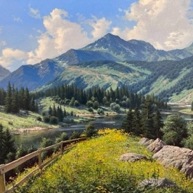 Painting for sale online - Sunlit Path to the Mountains
