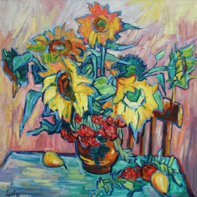 Painting for sale online - Still life with sunflowers and rowan berries