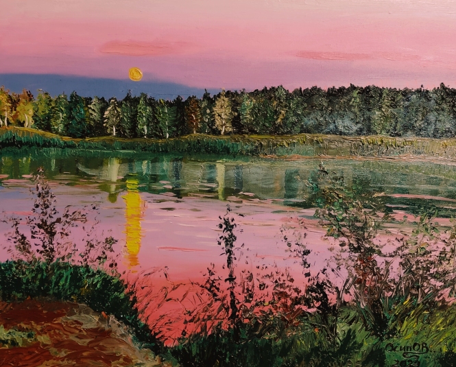 Painting for sale online - Moon at dawn over the lake