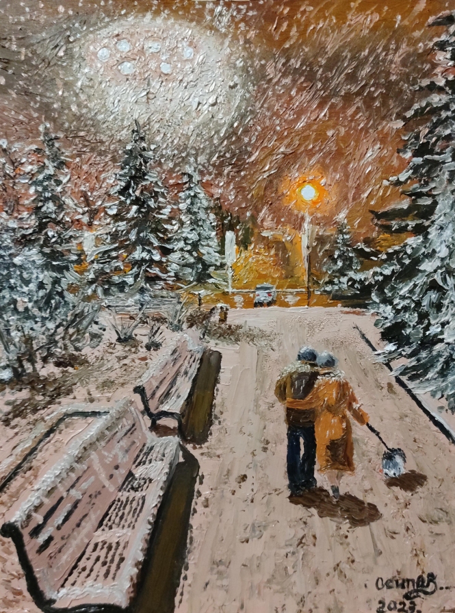 Painting for sale online - Evening walk under the snow