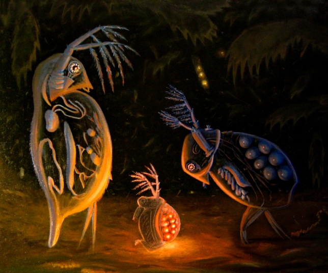 Painting for sale online - Daphnia Pulex and Sida Crystallina offend Moina Rektirostris at the bottom of a puddle