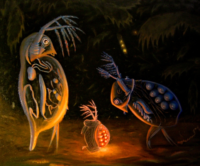 Painting for sale online - Daphnia Pulex and Sida Crystallina offend Moina Rektirostris at the bottom of a puddle