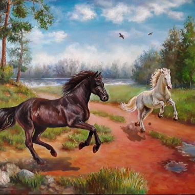 Painting for sale online - The horses are racing free