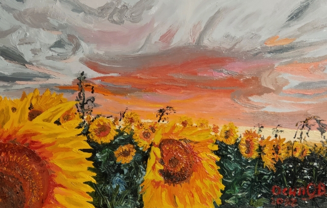 Painting for sale online - Sunflower field at sunset