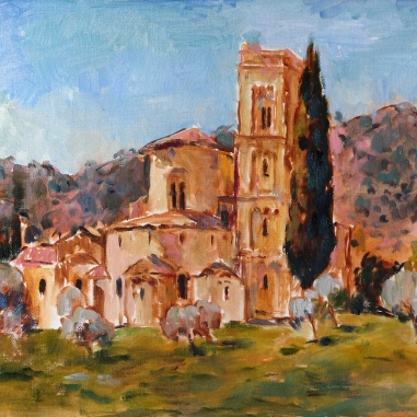 Painting for sale online - Study with Abbey of Sant'Antimo in Tuscany 