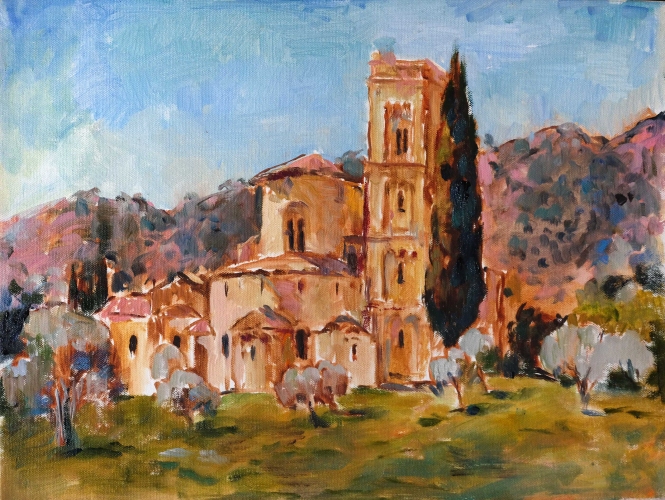 Painting for sale online - Study with Abbey of Sant'Antimo in Tuscany