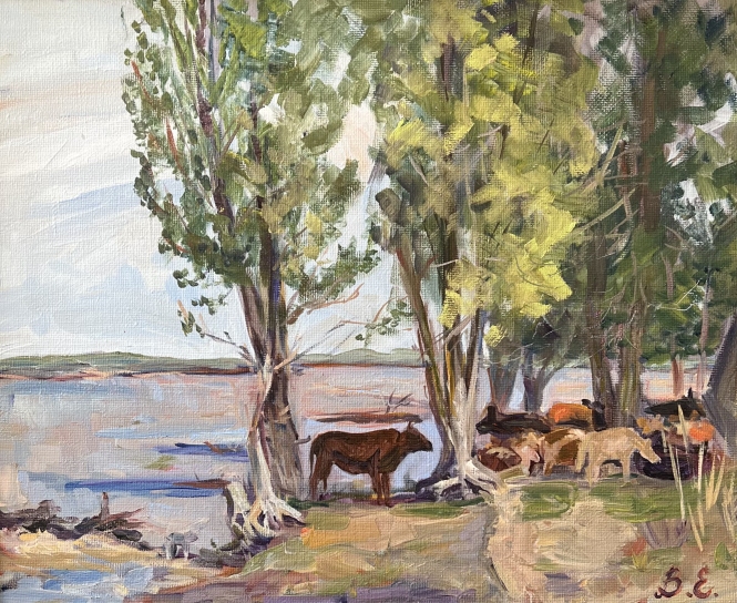 Painting for sale online - Cows in the poplars