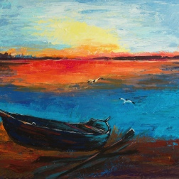 Painting for sale online - Lonely boat at sunset