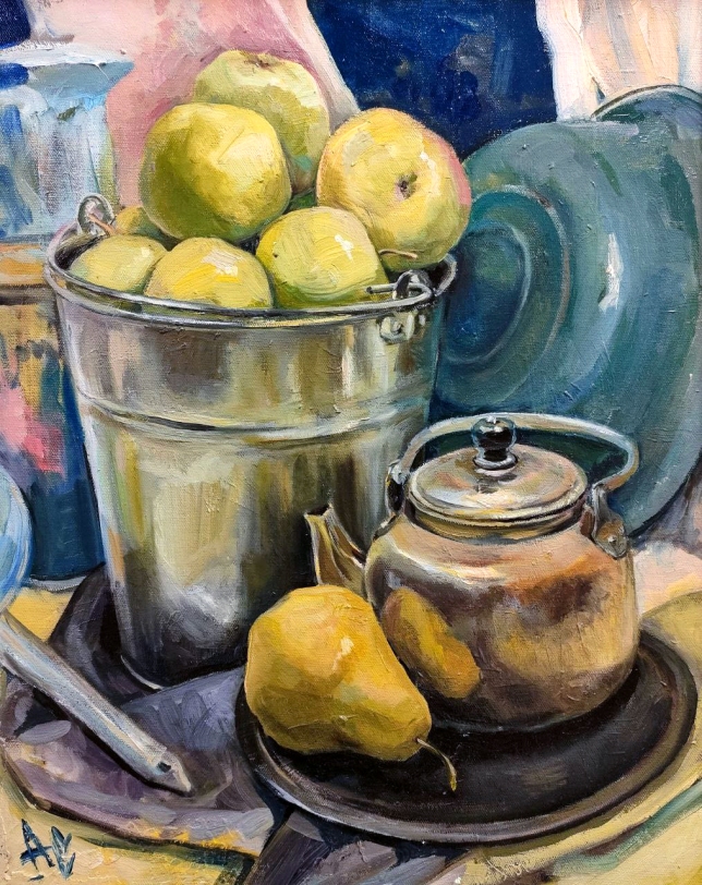 Painting for sale online - Still life with a bucket of apples
