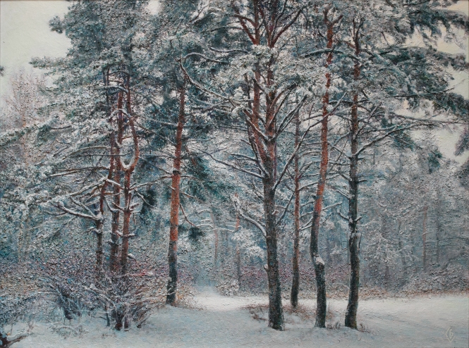 Painting for sale online - Pine trees near the forest on a winter day