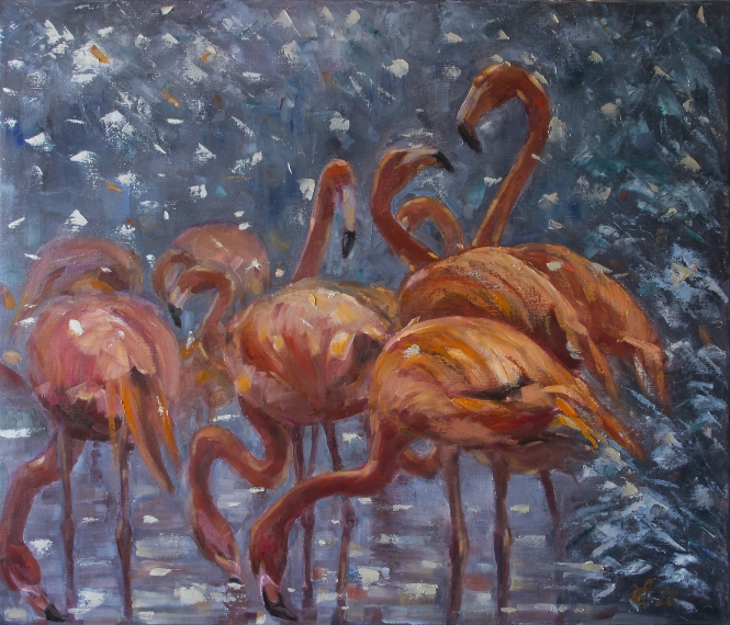 Painting for sale online - Flamingo in the snow