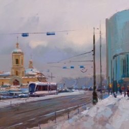 Painting for sale online - February weekdays. Preobrazhenskaya Square.