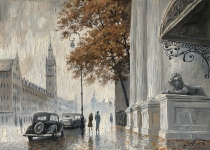 Painting for sale online - Foggy day. Town Hall Square.