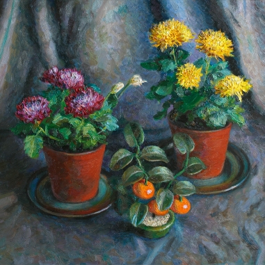 Painting for sale online - Chrysanthemums on a dark blue background
