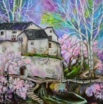 Painting for sale online - House in the forest. Cherry blossom.