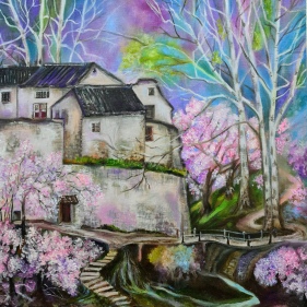 Painting for sale online - House in the forest. Cherry blossom.