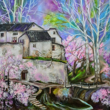 Painting for sale online - House in the forest. Cherry blossom.