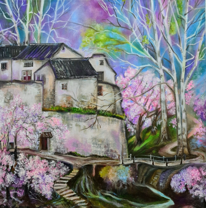 Painting for sale online - House in the forest. Cherry blossom.