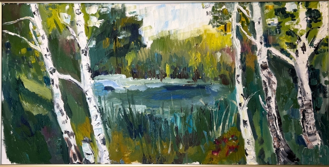 Painting for sale online - Birches by the Pond - harmony of nature and light