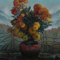 Painting for sale online - Crysantehemums on a foggy background