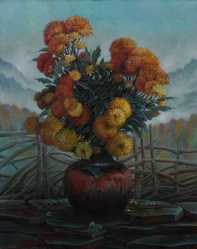 Painting for sale online - Crysantehemums on a foggy background