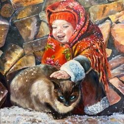 Painting for sale online - A girl in a red headscarf and a cat.